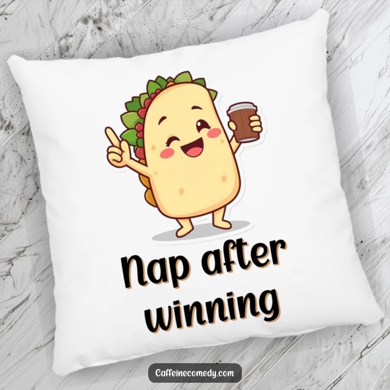 Funny smiling taco character performing a triumphant victory dance, holding a coffee cup, on a soft and plush pillow.