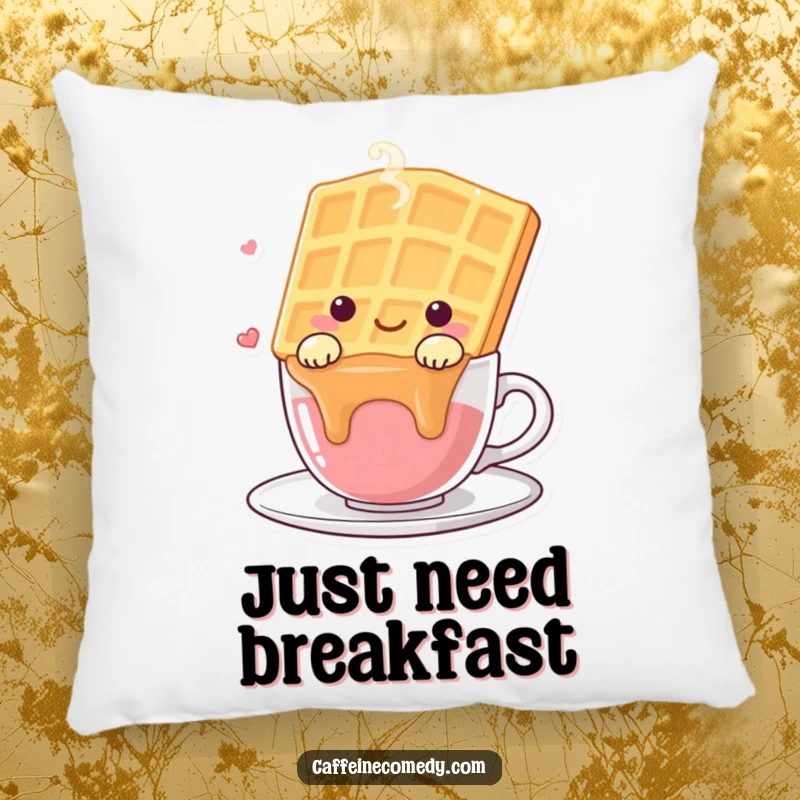 Funny kawaii waffle character happily draped over a steaming cup, on a soft decorative pillow.