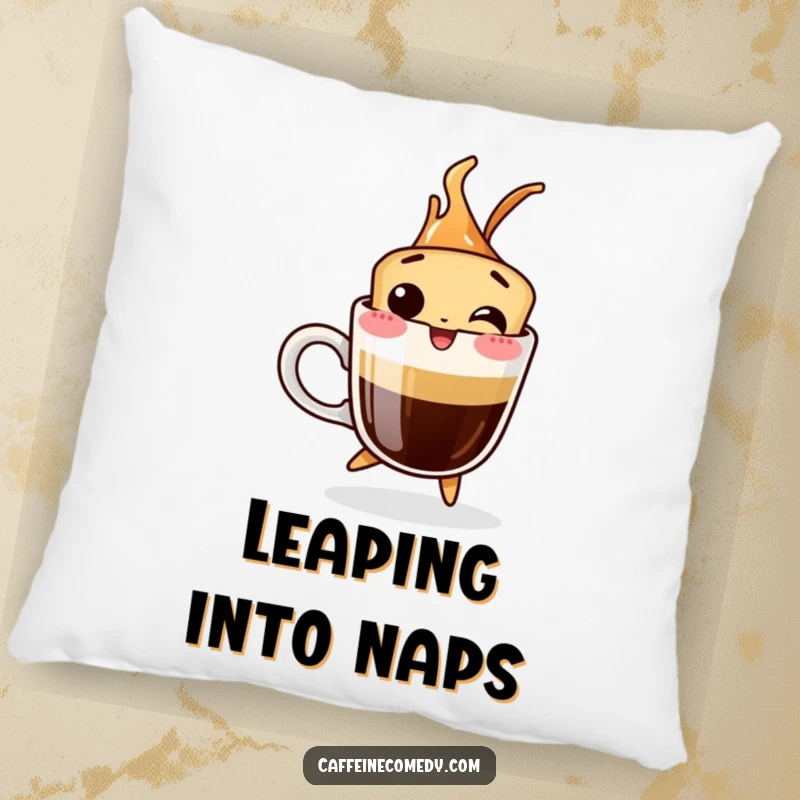 Funny pillow design of a giggling espresso shot character jumping out of its cup, perfect for comfort and energy.