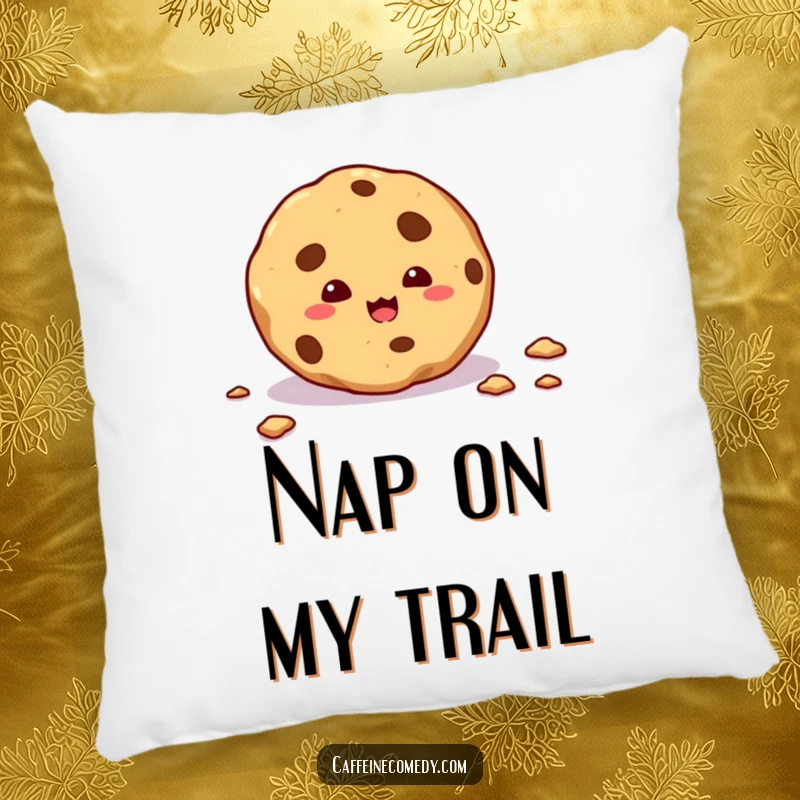 Funny pillow design of a mischievous cookie leaving a trail of crumbs, adding a touch of sweet whimsy.