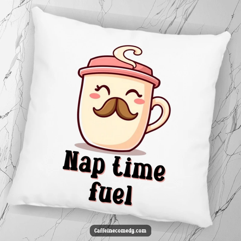 A chubby coffee cup character winking with a steam mustache, featured on a soft pillow for cozy humor.