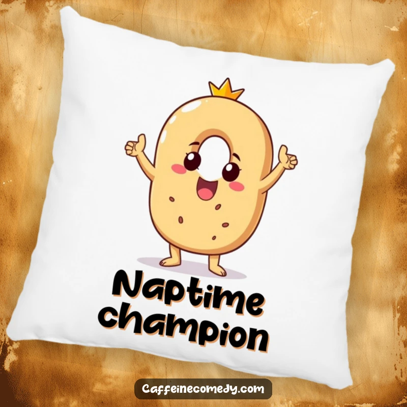 Funny pillow featuring a beaming bagel character doing a victory dance, offering comfortable support and humorous decor.