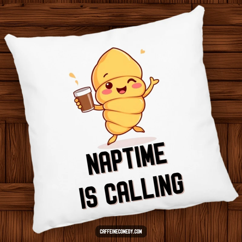 Funny Croissant character jigging with a coffee cup, soft and comfortable pillow, ideal for adding cheer to any seating area.