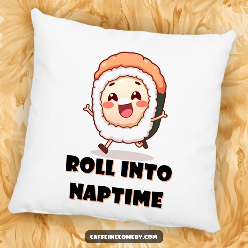 Funny sushi roll character shown in a cheerful rolling pose, providing comfort and humor on a decorative throw pillow.