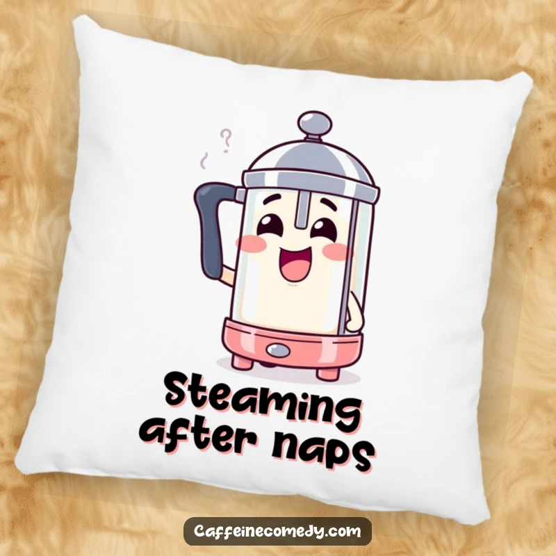 Funny French press character steaming with excitement, soft and decorative pillow.