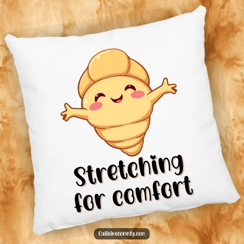 Funny happy croissant character stretching its flaky arms, featured on a soft and decorative pillow for cozy moments.