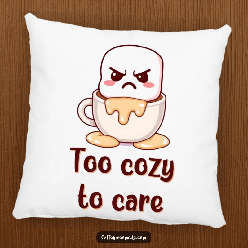 Funny grumpy kawaii marshmallow sighing and melting into hot chocolate, printed on a soft, comforting pillow.
