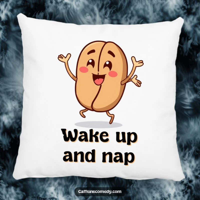 Funny Coffee Bean Pillow: A soft pillow featuring an energetic coffee bean character doing jumping jacks, providing comfort and a humorous touch.