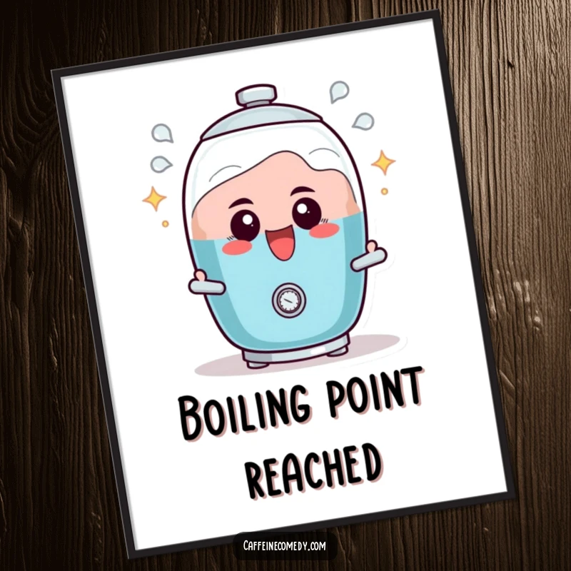 Funny digital art print of a determined percolator character, actively bubbling with excitement, perfect for energetic decor.