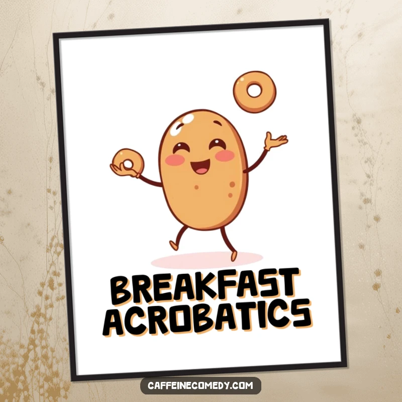 Funny digital art print of a happy coffee bean juggling three miniature bagels, bringing vibrancy and amusement to any wall space.