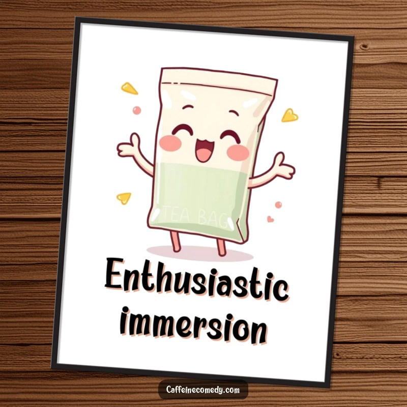 Funny digital art print of a playful tea bag character enthusiastically dunking itself, perfect for instantly adding tea-themed cheer.