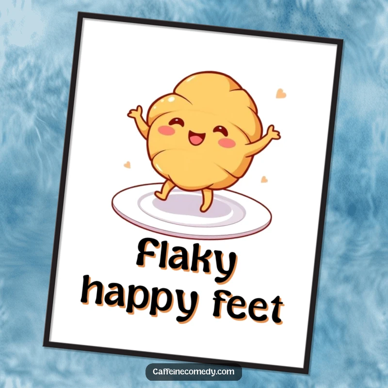 Funny digital art print of a cheerful croissant dancing on a plate, perfect for instant, joyful wall decor.