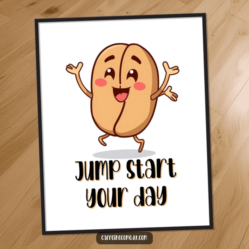 Funny Coffee Bean Digital Art: A high-resolution print of an energetic coffee bean character doing jumping jacks, perfect for instant, humorous decor.
