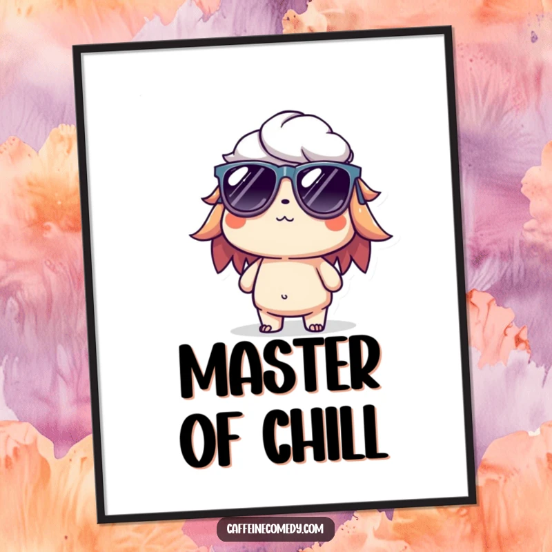 Funny digital art print of a cool cold brew character wearing tiny sunglasses, radiating relaxation and effortless cool.