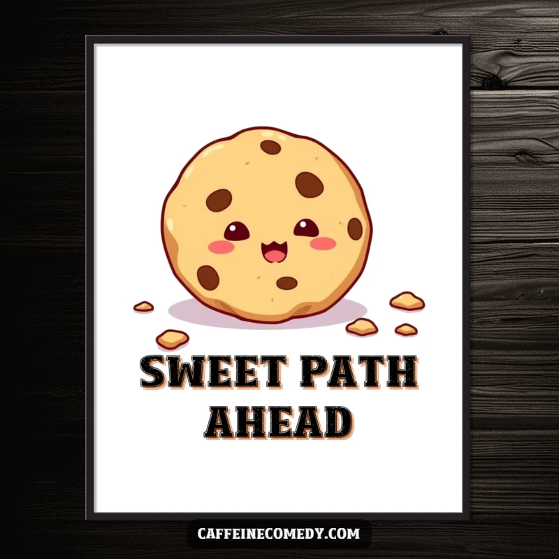 Funny digital art of a mischievous cookie leaving a trail of crumbs, creating a playful and sweet atmosphere.