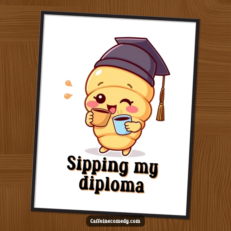 Funny delighted croissant character wearing a graduation cap and sipping coffee, available as a high-resolution digital art print.