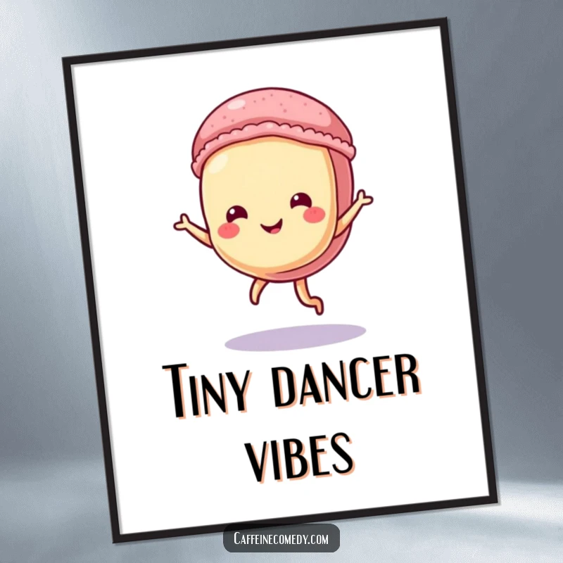 Funny Macaron Digital Art Print: A whimsical macaron character captured mid-dance, perfect for digital decoration.