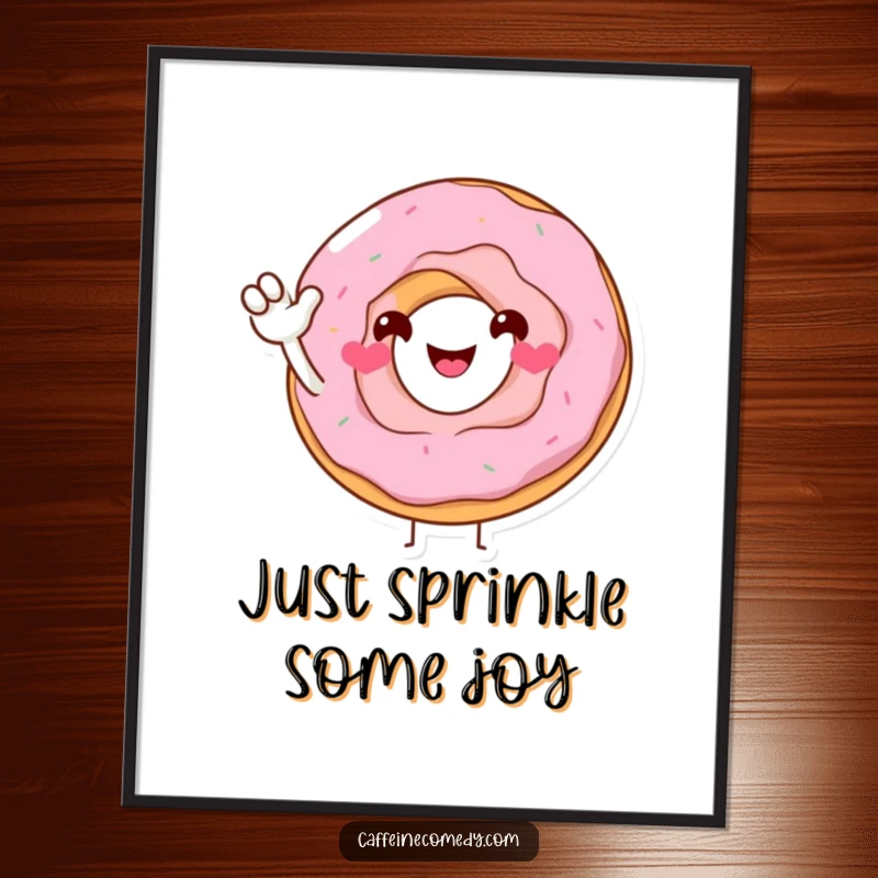 Funny Donut Digital Art Print: A high-resolution, smiling donut character extends a sugary wave, perfect for instant, humorous home decor.