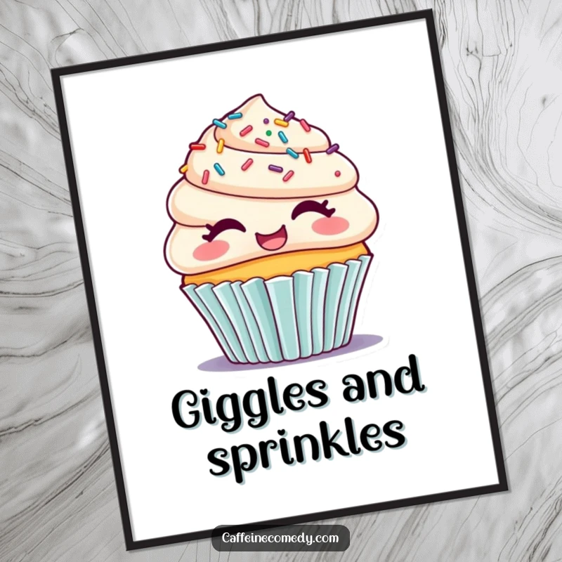Funny digital art print of a happy cupcake with sprinkle hair, giggling joyfully, bringing sweetness and charm to any space.
