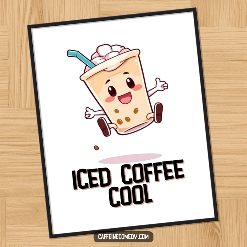 Funny digital art print of an energetic iced coffee character doing a kickflip with its straw, perfect for cool decor.
