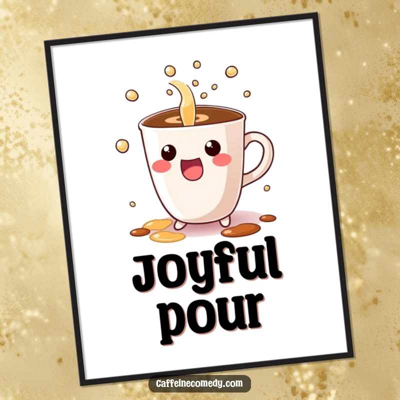 Funny digital art print of a Kawaii coffee cup character excitedly pouring bubbly liquid, perfect for adding cute and humorous wall decor.