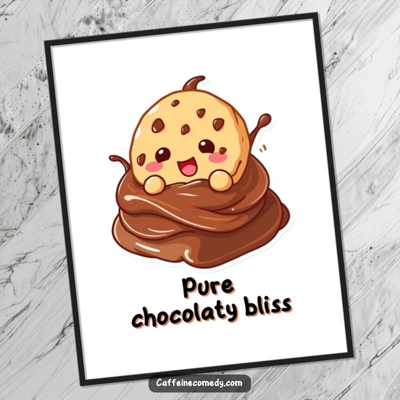 Funny digital art print of a kawaii cookie character gleefully diving into a chocolate swirl, celebrating sweetness.