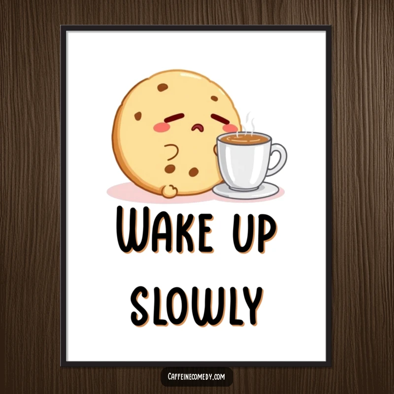 Funny Kawaii Cookie Espresso Digital Art Print: A sleepy cookie character yawns next to espresso, perfect for instant humorous decor.