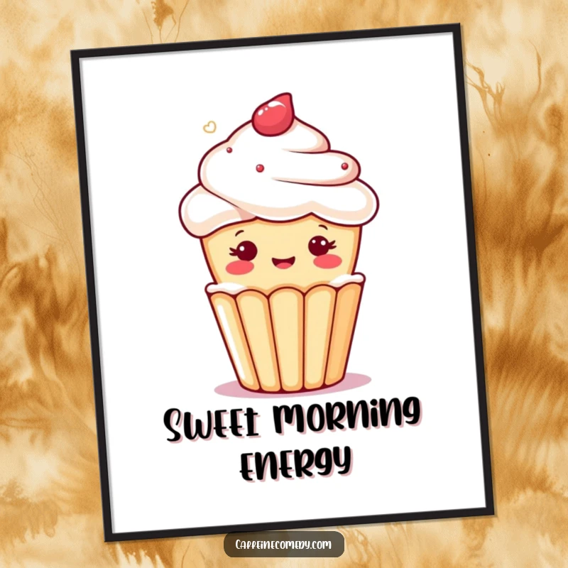 Funny digital art print of a kawaii cupcake winking from a foamy coffee cup, bringing cheerful vibes.