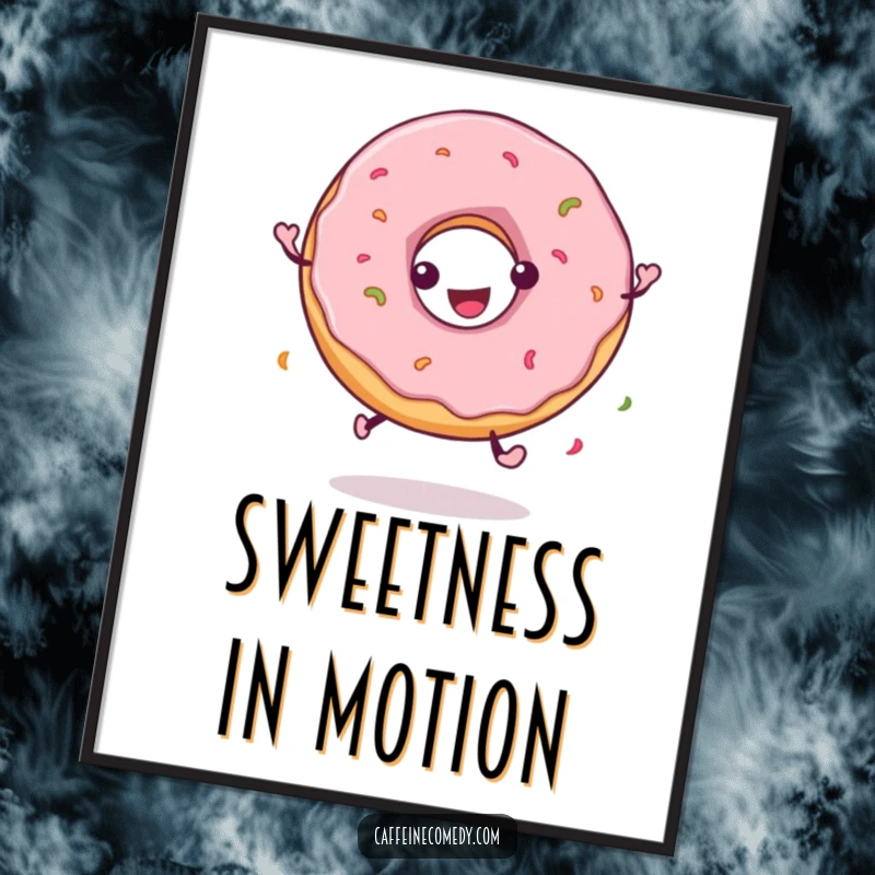 Funny digital art print of a playful donut character joyfully spinning, offering instant sweet delight and visual fun.