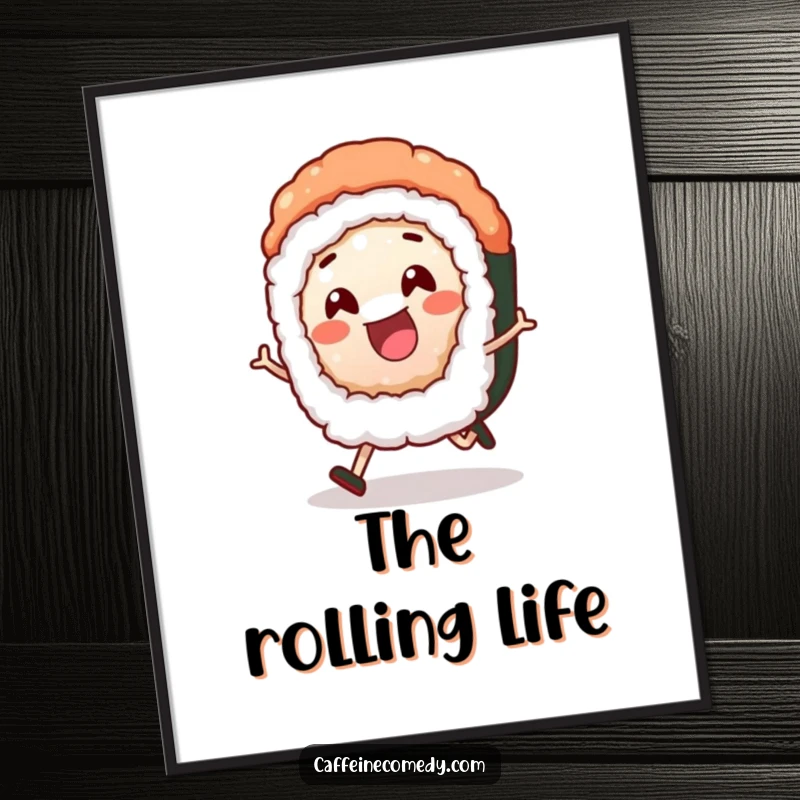 Funny sushi roll character seen happily rolling along, captured in a vibrant digital art print for humorous online or offline display.
