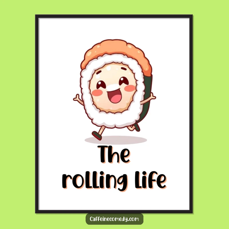 Funny Sushi Roll Digital Art: Cheerful Rolling Character for Humorous Decor
