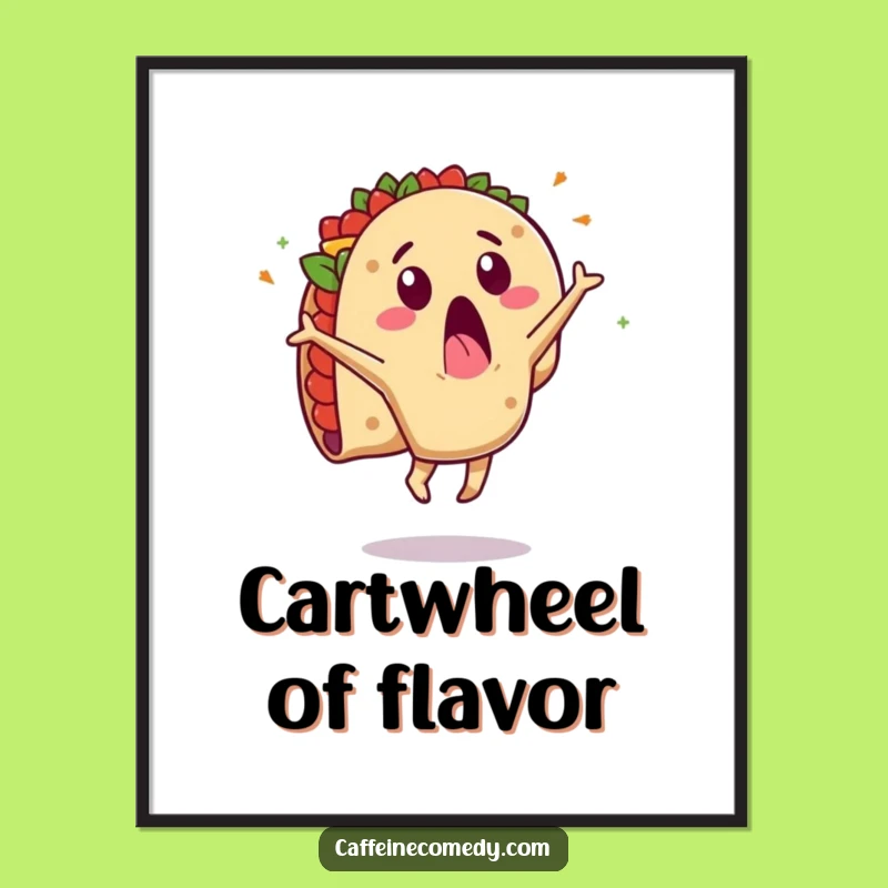 Funny Taco Cartwheel Digital Art: Surprised Character's Messy Flip, Zany Decor!