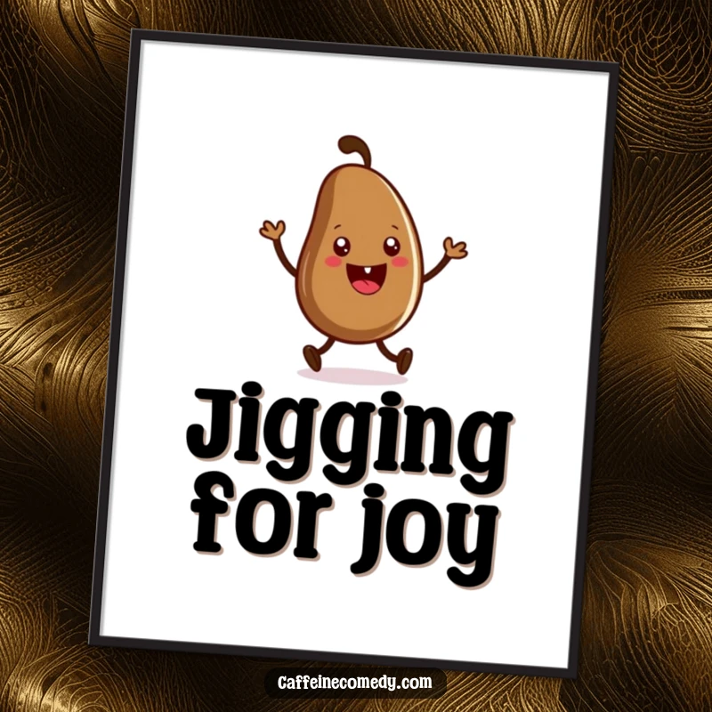 Funny digital art print of a grinning coffee bean character doing an energetic jig. Captures pure caffeinated joy.