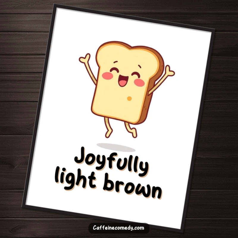 Funny digital art print of a surprised piece of toast character joyfully jumping, offering instant humorous surprise and visual delight.