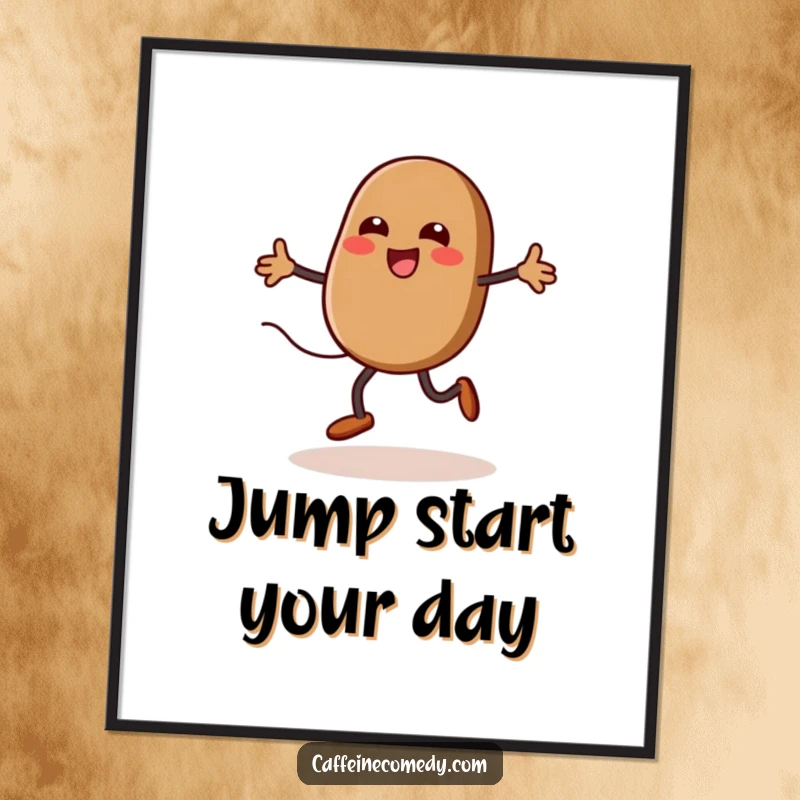 Funny kawaii coffee bean jumping rope with steam, downloadable art print, cheerful wall decor, humorous digital art, coffee bean character.