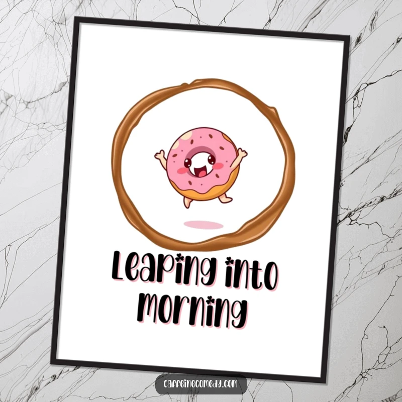 Funny cheerful donut character joyfully leaping through coffee steam, available as a high-resolution digital art print.