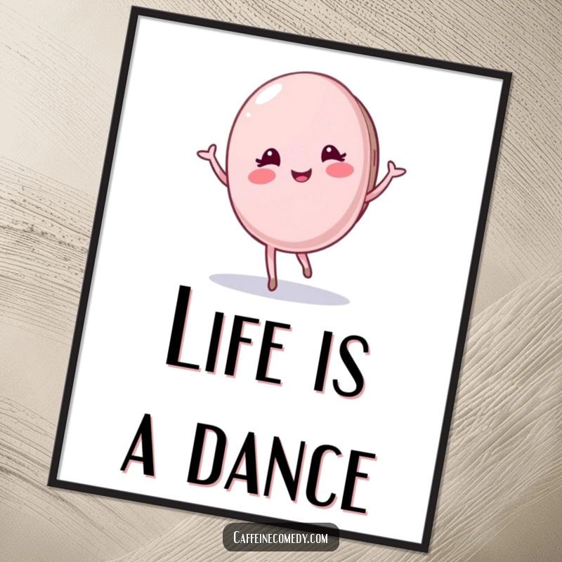 Funny Macaron Digital Art: A high-resolution print of a pleased macaron character gracefully twirling, perfect for instant, elegant, and humorous decor.