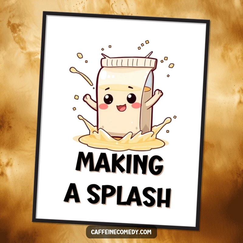 Funny digital art print of a mischievous tea bag character playfully splashing, perfect for adding humor to wall decor.