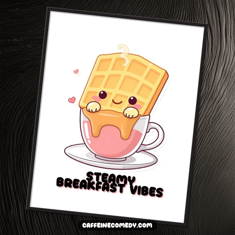 Funny digital art print of a kawaii waffle character happily draped over a steaming coffee cup, creating a cozy vibe.