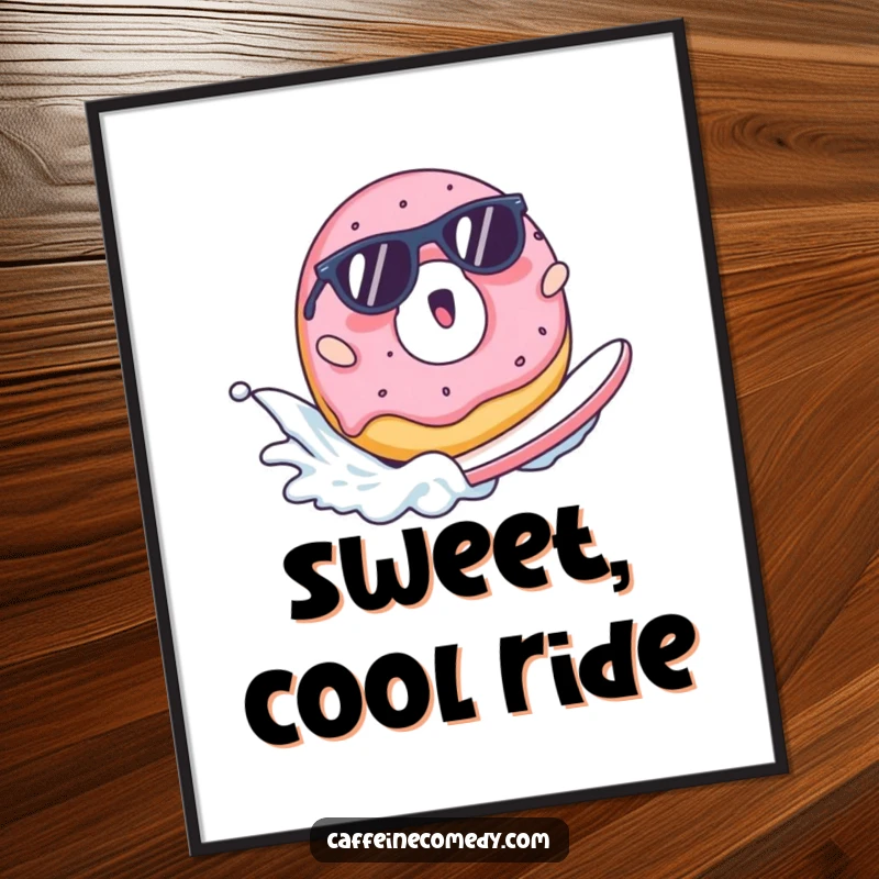 Funny digital art print of a surprised donut wearing sunglasses surfing a milk wave, perfect for instant cool decor.