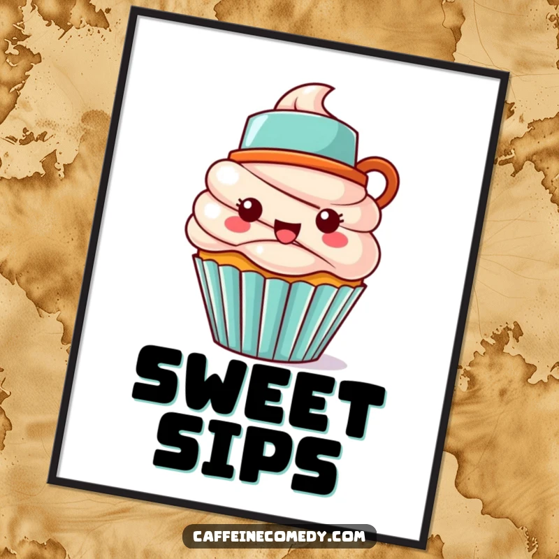 Funny Kawaii cupcake character wearing a coffee mug hat, digital art print for instant cheerful wall decor.