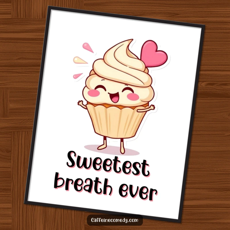 Funny Cupcake Digital Art Print: A cheerful cupcake character enthusiastically blowing frosting, bringing sweet, humorous charm.