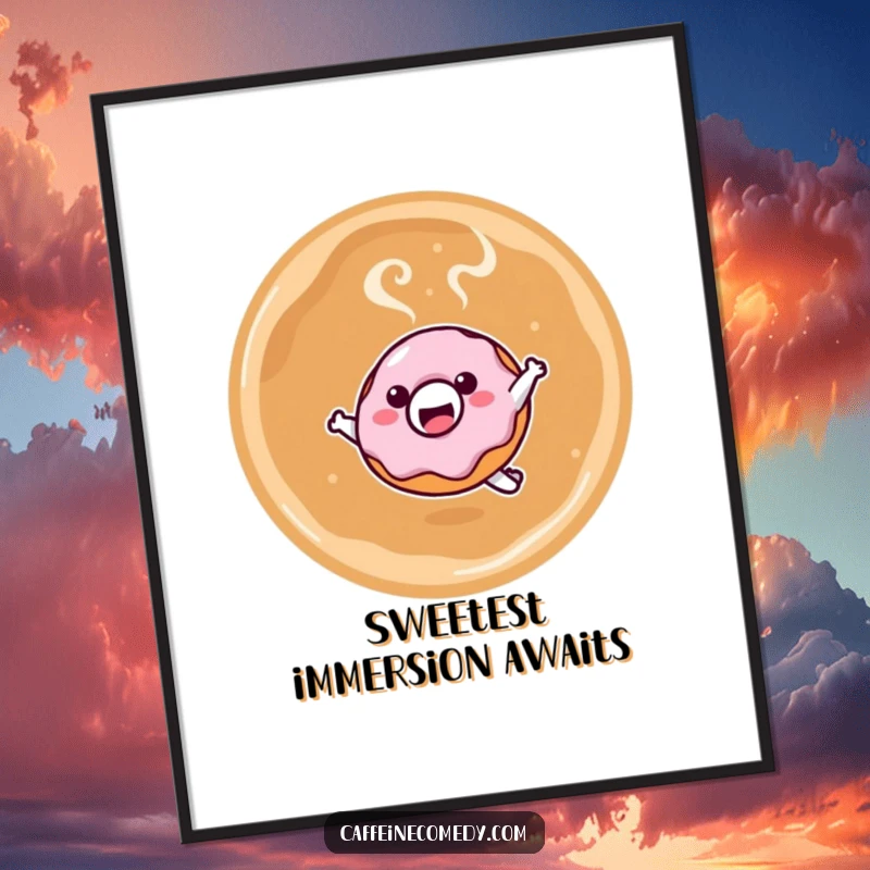 Funny digital art print of a smiling kawaii donut character leaping into a steaming latte, perfect for instant sweet wall decor and a great gift.