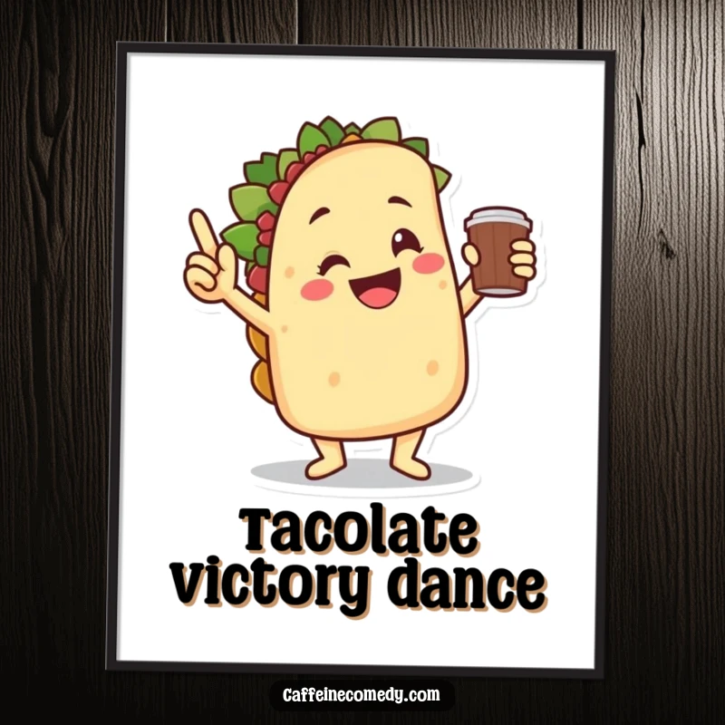 Funny smiling taco character in a triumphant victory dance, holding a coffee cup, as a vibrant digital art print.