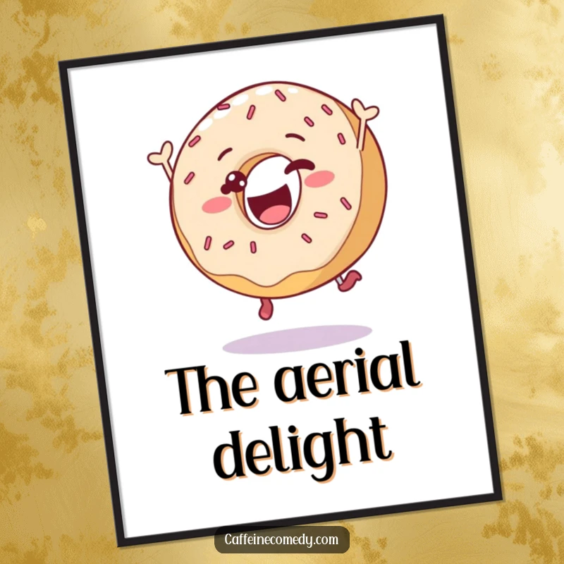 Funny delighted donut character leaping with sprinkles, in a vibrant digital art print for humorous and sweet digital decoration.