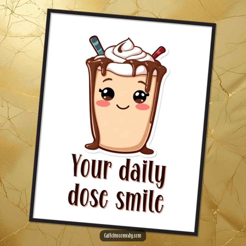 Funny digital art print of a cheerful mocha character, with chocolate drizzle forming a cute and happy smiley face.