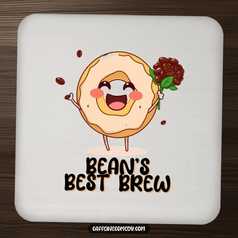 Funny donut hole character holding a coffee bean bouquet on a protective drink coaster.