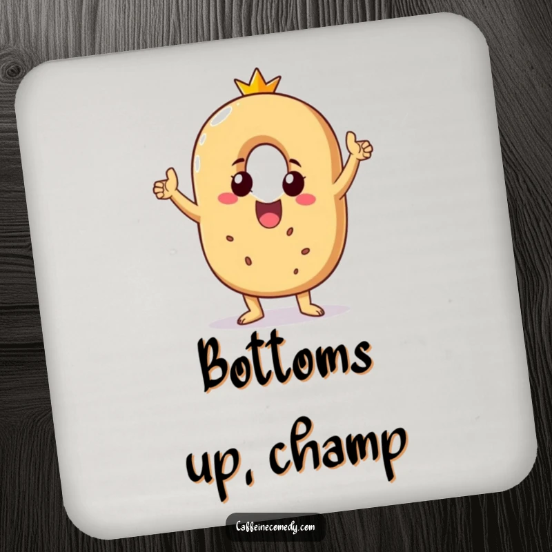 Funny drink coaster with a beaming bagel character doing a victory dance, protecting surfaces with a humorous and joyful design.