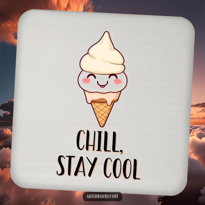 Funny Ice Cream Drink Coaster: A smiling ice cream cone character melting, protecting surfaces with sweet humor.
