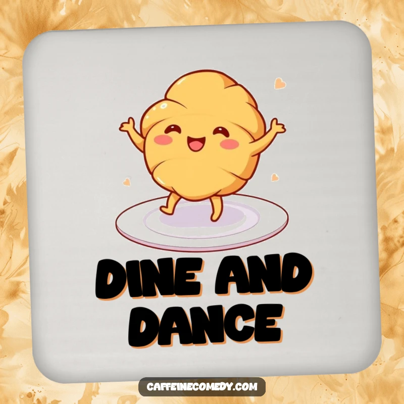 Funny drink coasters featuring a cheerful dancing croissant illustration on a plate, stylishly protecting surfaces.